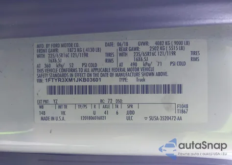 2018 Ford Transit-250 z USA, uszkodzony, nr VIN 1FTYR3XM1JKB03601